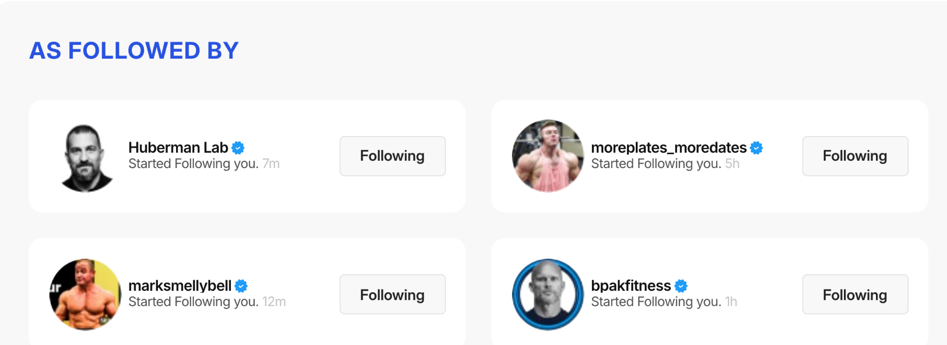 Social proof notifications showing Huberman Lab, More Plates More Dates, Mark Bell, and Ben Pakulski following Lucas Aoun